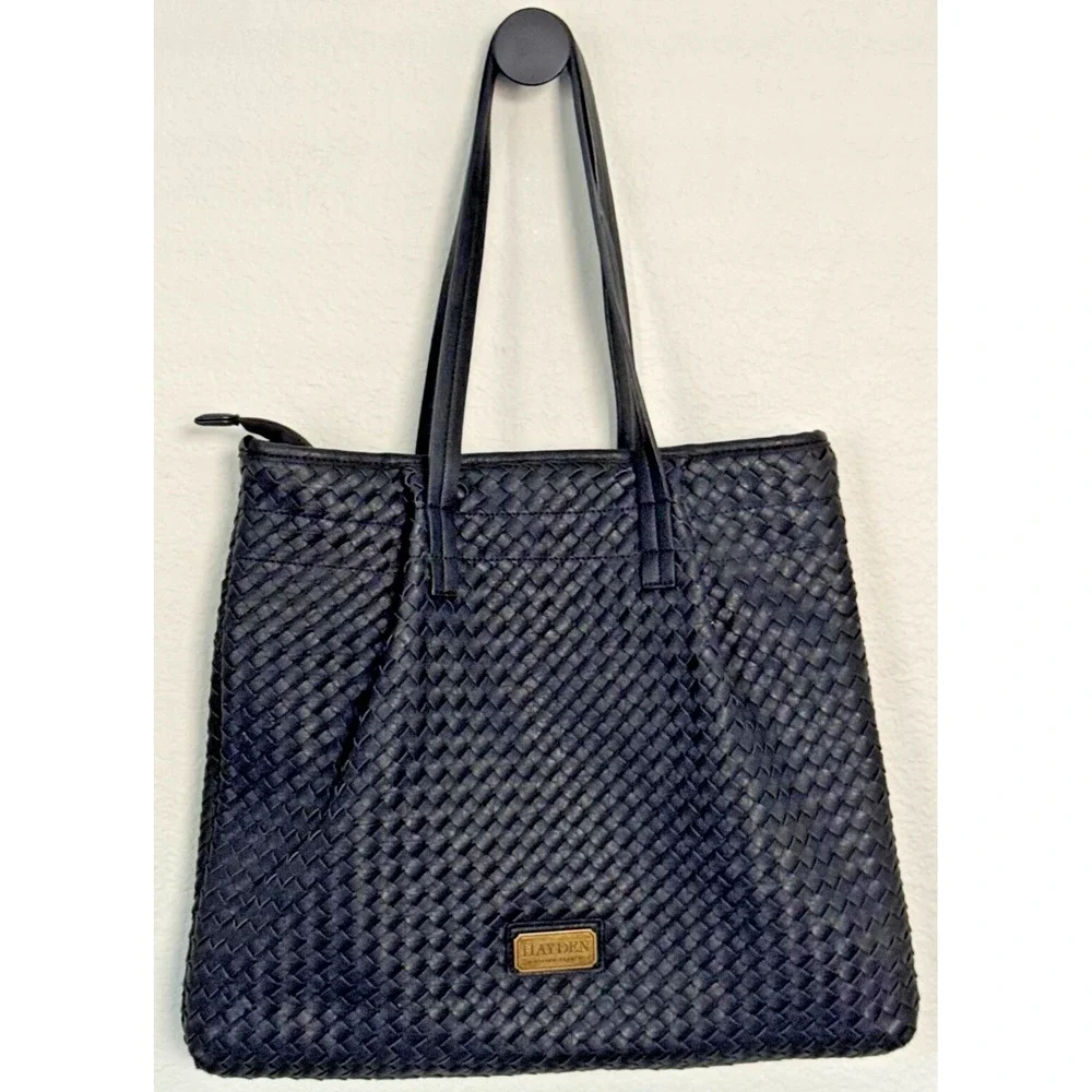 Hayden by Hayden Harnett‎ Shoulder Bag Black Woven Vegan Leather Tote Shopping